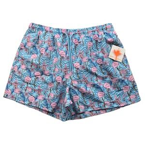 Happy‎ Hour Swim Trunks Mens XL Blue Pink Flamingo Tropical Print Cypress NEW